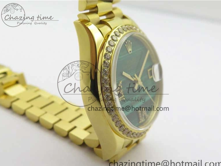 MiroTime 0408 Versatile Daydate 278288 31mm YG EWF Best Edition Green Malachite Dial Crystal Markers on YG President Bracelet ETA 2606